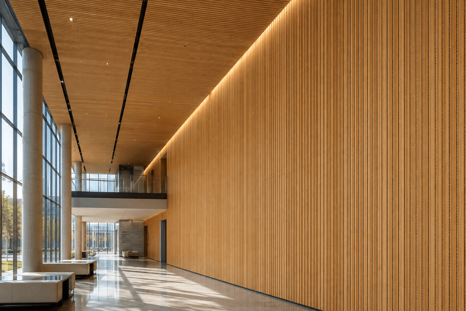 Bamboo wood fiber acoustic panels applied across a large linear wall and ceiling surface in a modern architectural interior