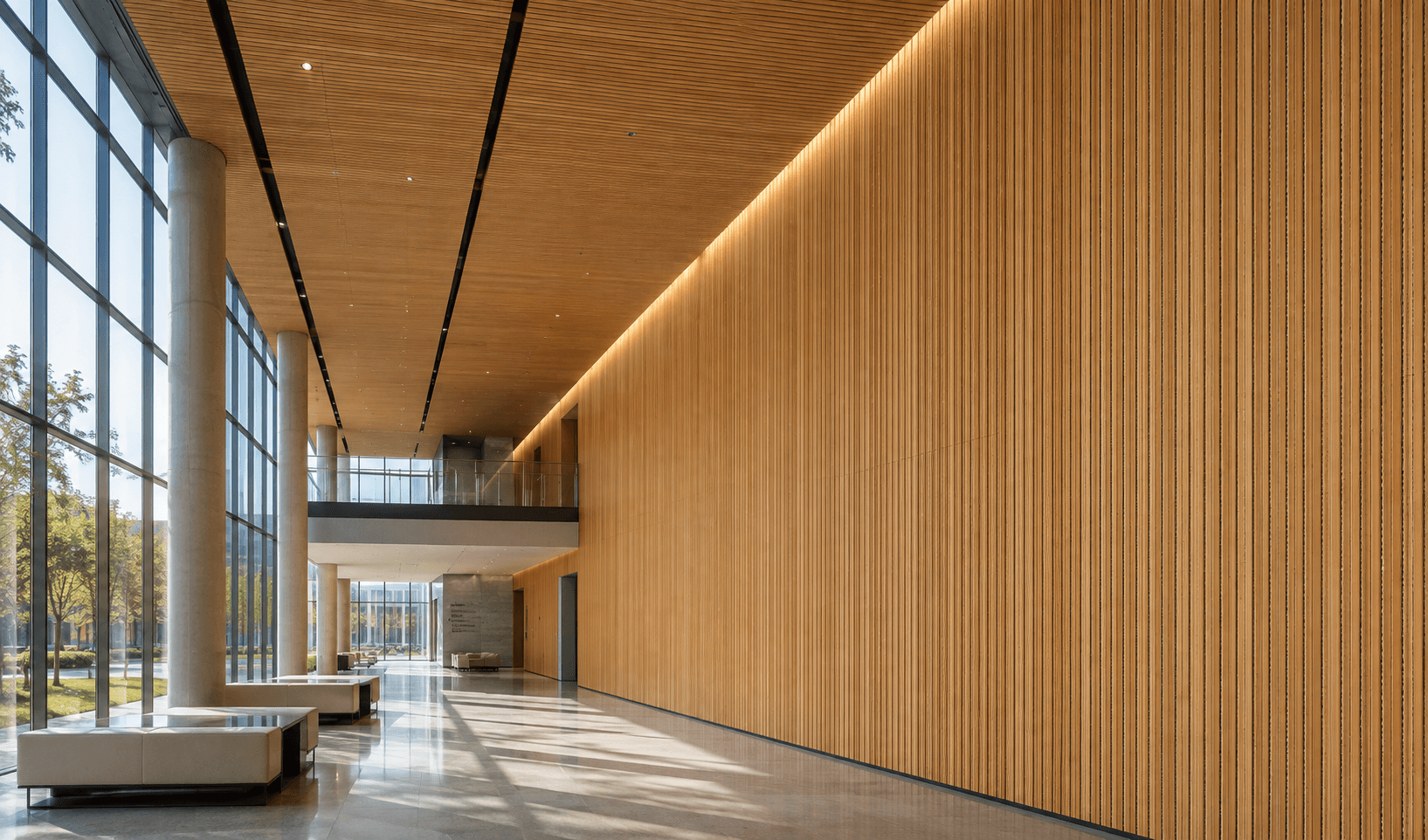 Bamboo wood fiber acoustic panels forming long linear wall and ceiling surfaces in a spacious architectural interior