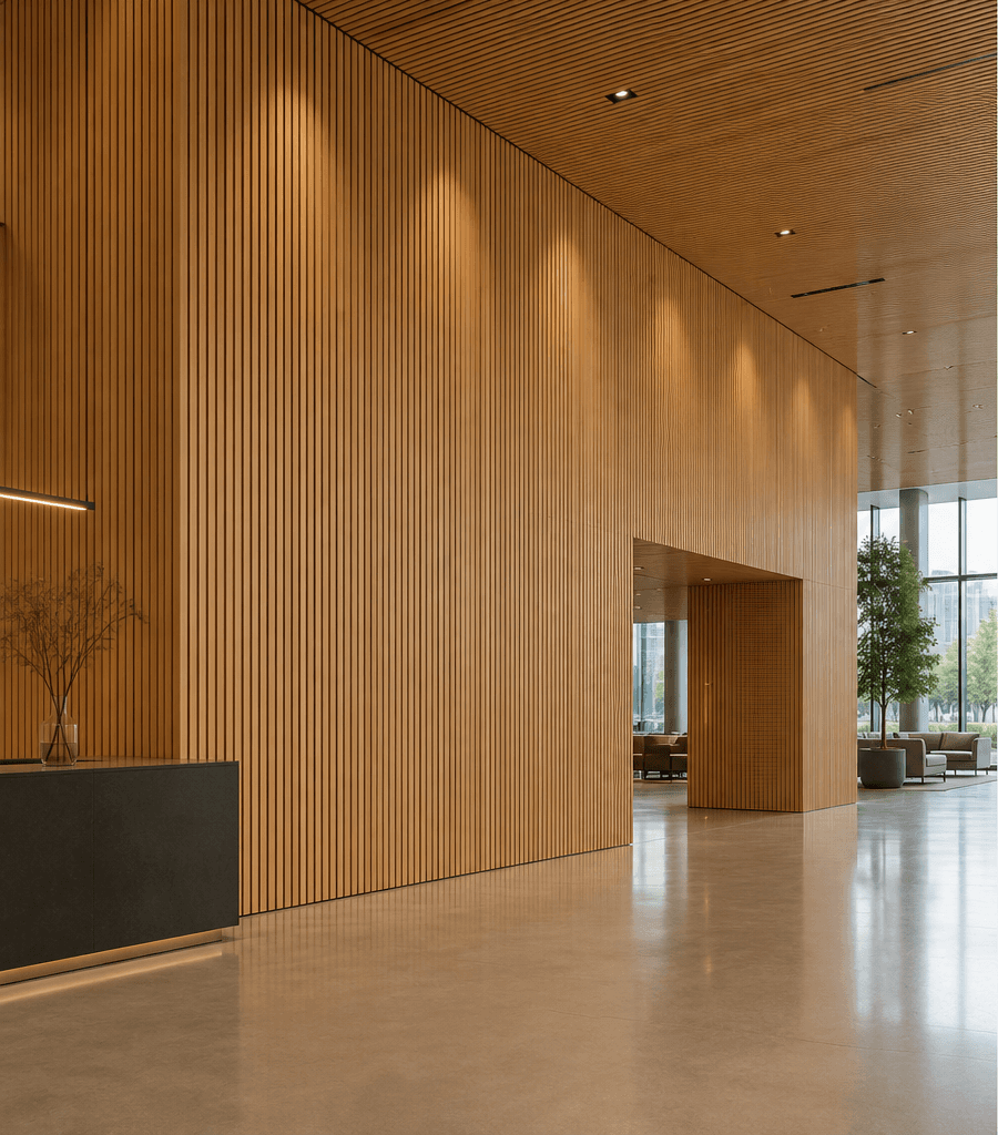 Bamboo wood fiber acoustic panels with fine linear wood-look surface in a spacious interior