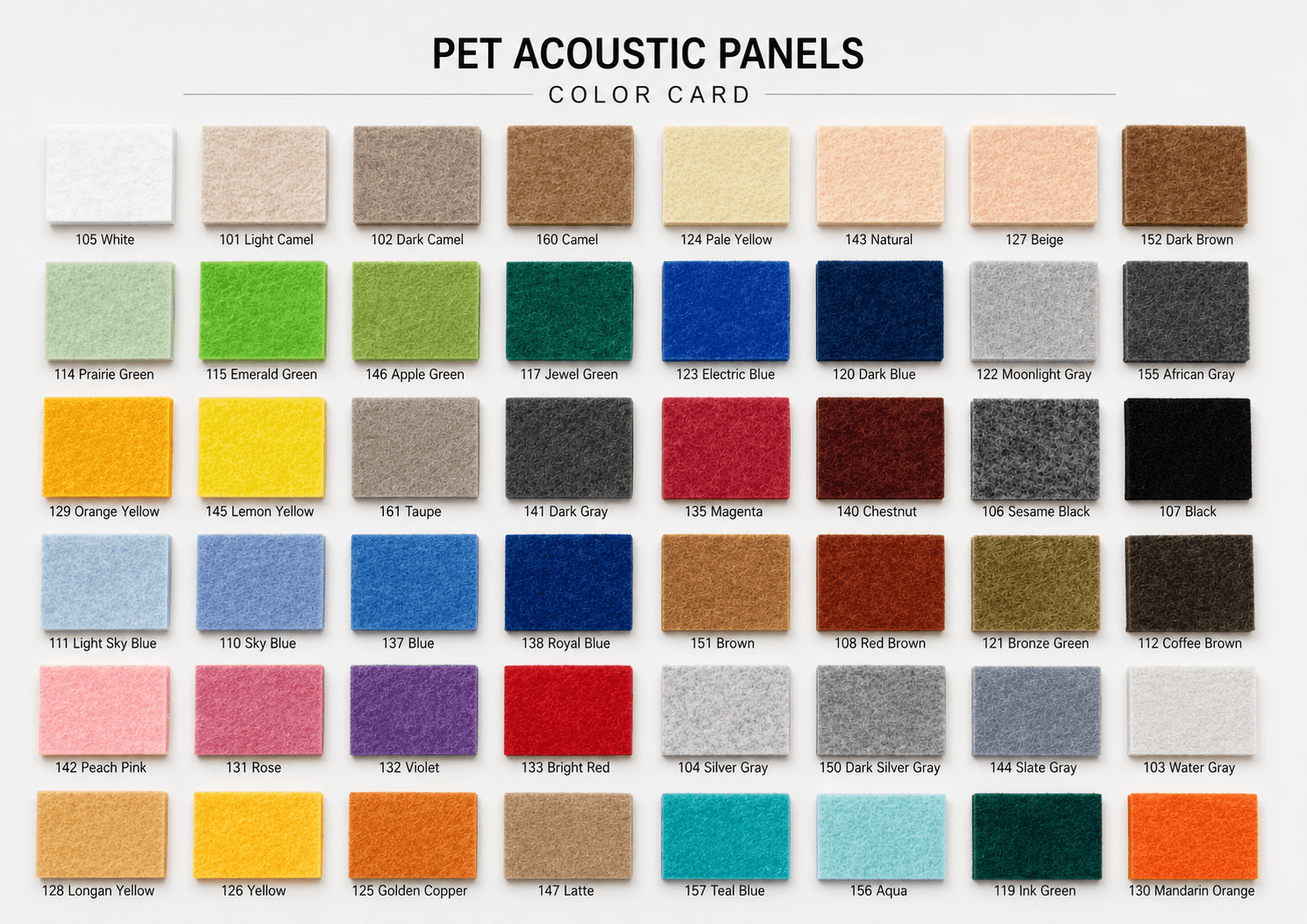 PET acoustic panel color card showing multiple real material swatches with English color names.