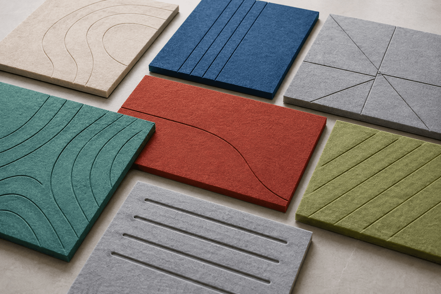 PET acoustic panel samples with shallow engraved line work, curves and geometric grooves on a studio surface.