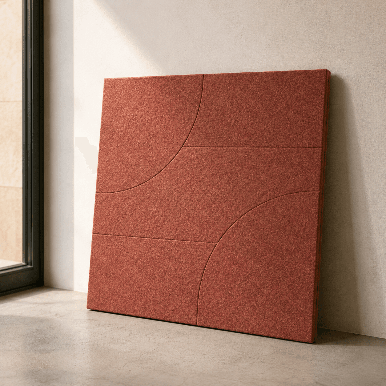 Flat PET acoustic panels arranged in a repeated modular wall composition.