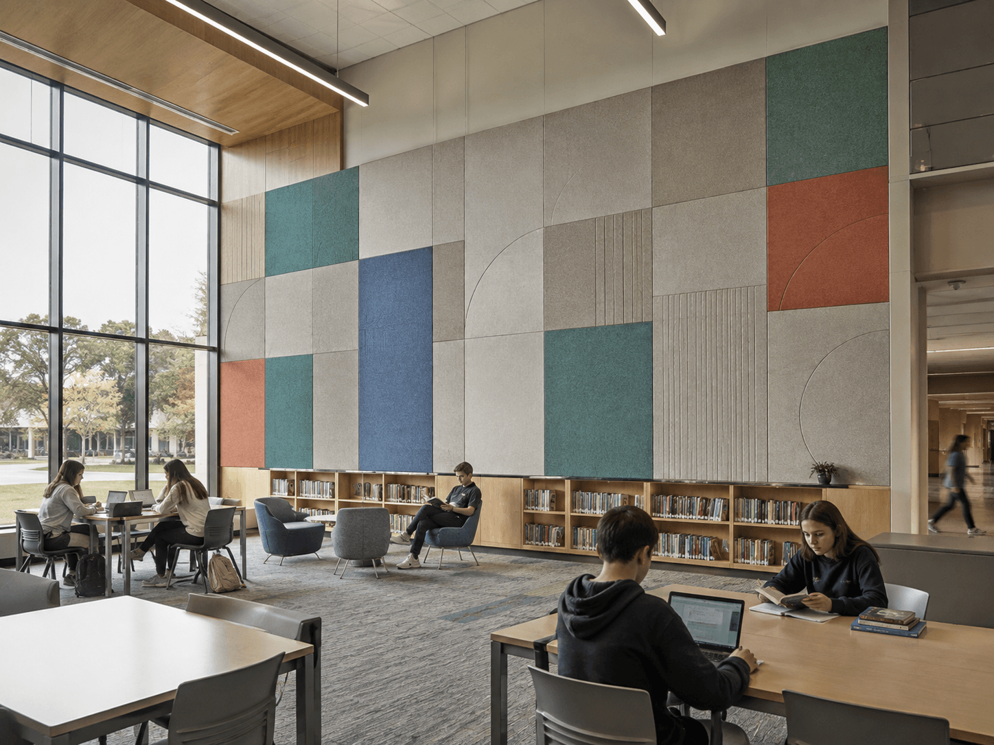 PET acoustic panels arranged as a colored modular pattern wall in a modern school learning space.