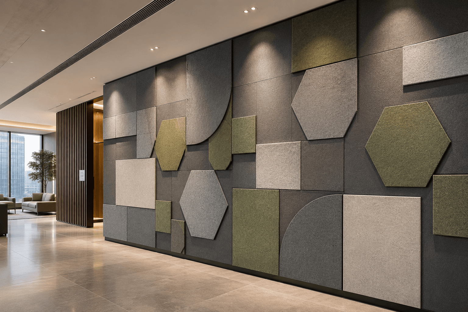Flat shaped PET acoustic panels arranged as a geometric wall composition in a modern interior.