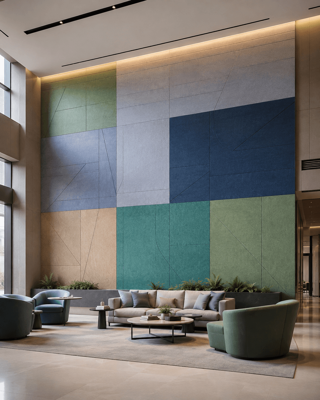 Color-spliced PET acoustic panel wall with engraved line details in an interior lounge.