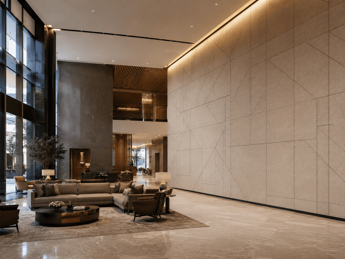 Installed and loose PET acoustic panels in a warm architectural interior.