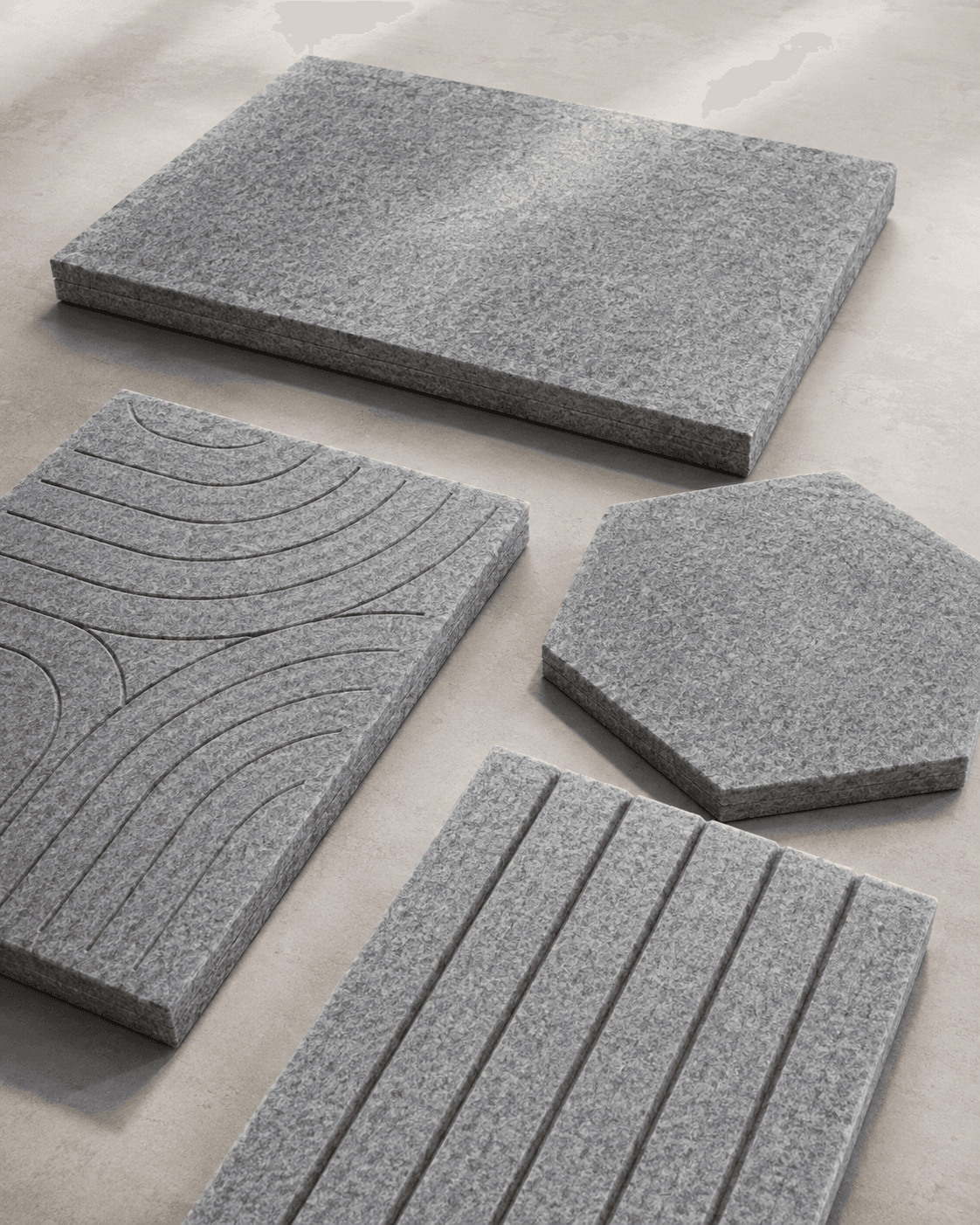 Close view of flat PET acoustic panels showing clean material edges.