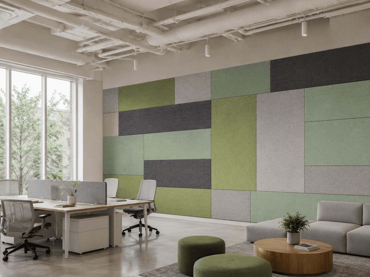 PET acoustic panels used across a contemporary workplace interior