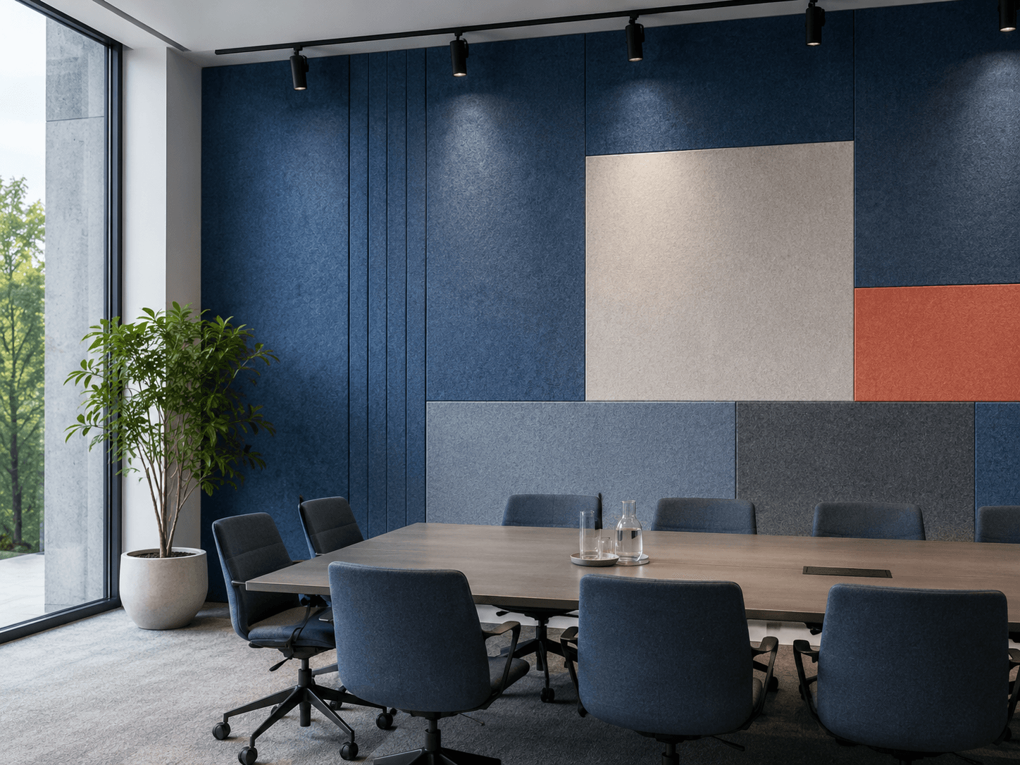 PET acoustic panel surface in a modern meeting room