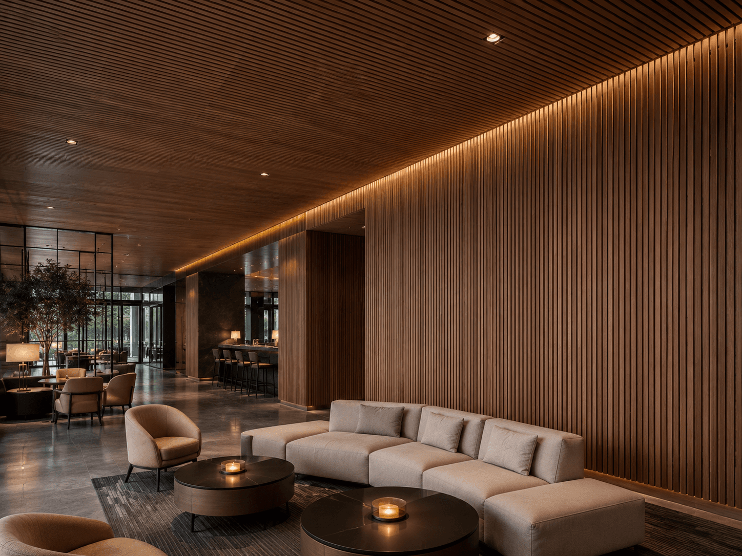 Bamboo wood fiber acoustic panels in a hospitality lounge