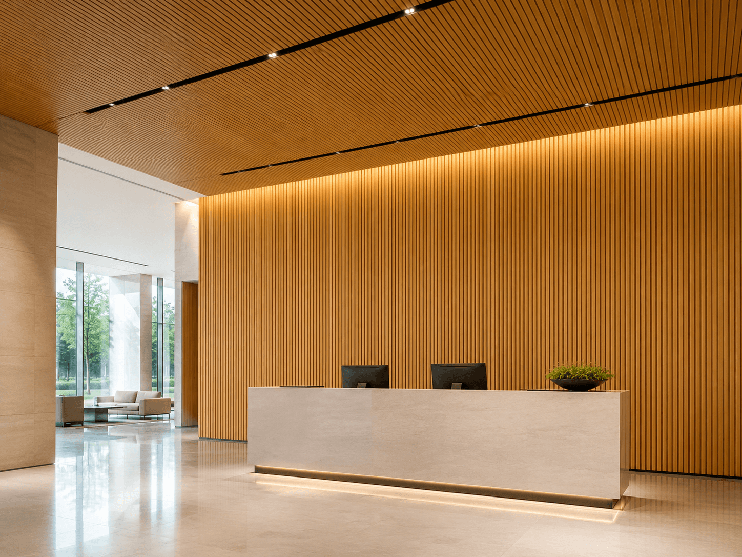 Bamboo wood fiber acoustic panels in a reception lobby