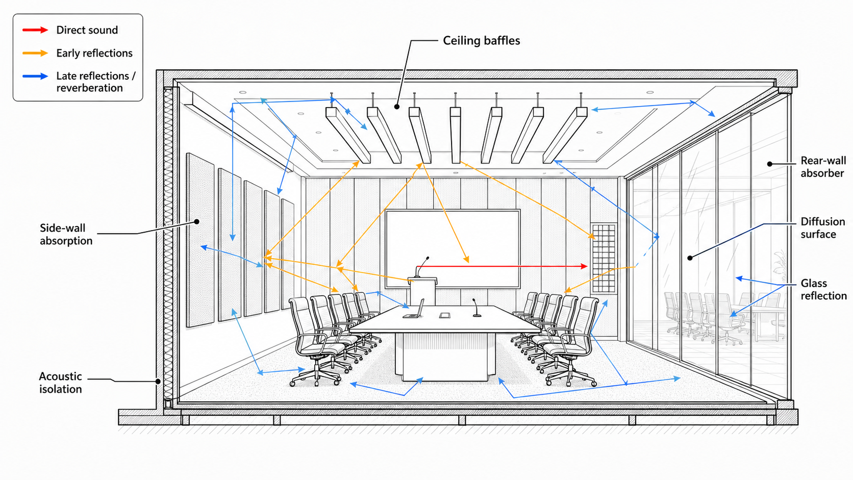 Conference hall acoustic line diagram showing direct sound, reflections, absorption, diffusion and acoustic isolation
