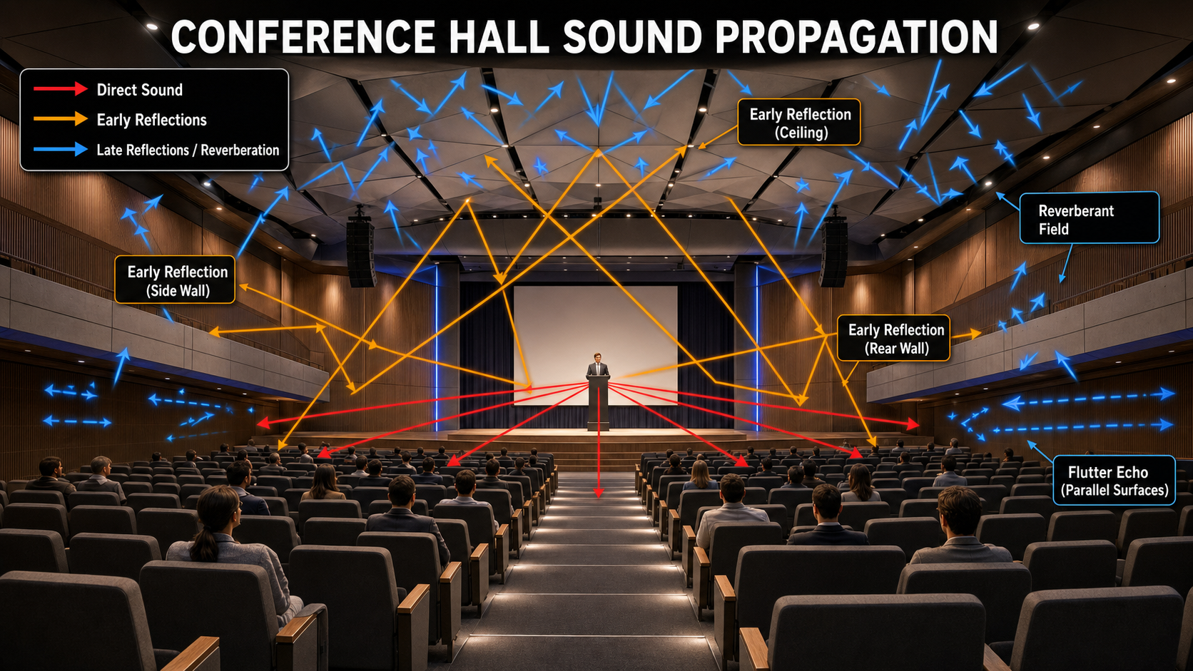 Theater sound propagation diagram showing direct sound, early reflections and reverberation