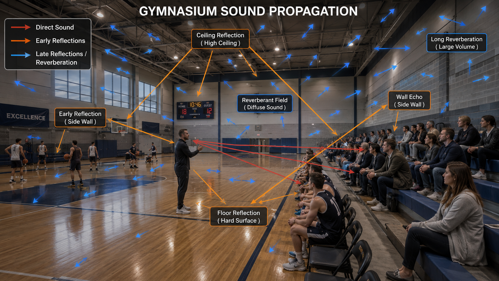 Gym and stadium sound propagation diagram showing direct sound, early reflections and reverberation zones
