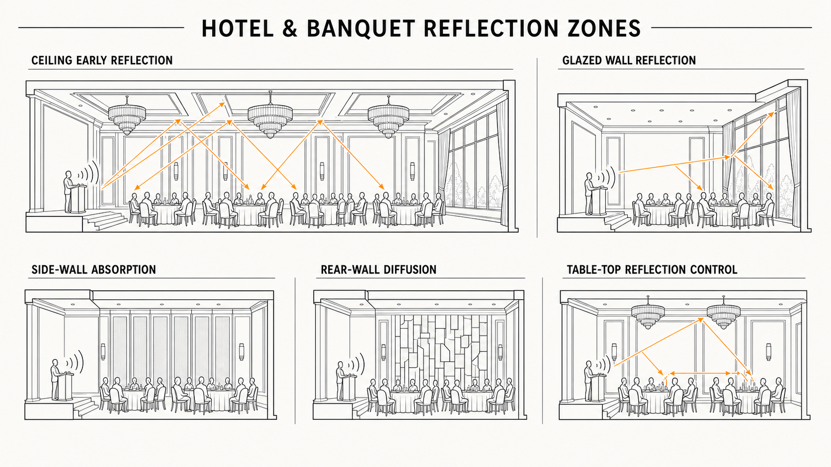 Hotel and banquet reflection zones diagram showing ceiling reflection, glazed wall reflection, side-wall absorption, rear-wall diffusion and table-top reflection control