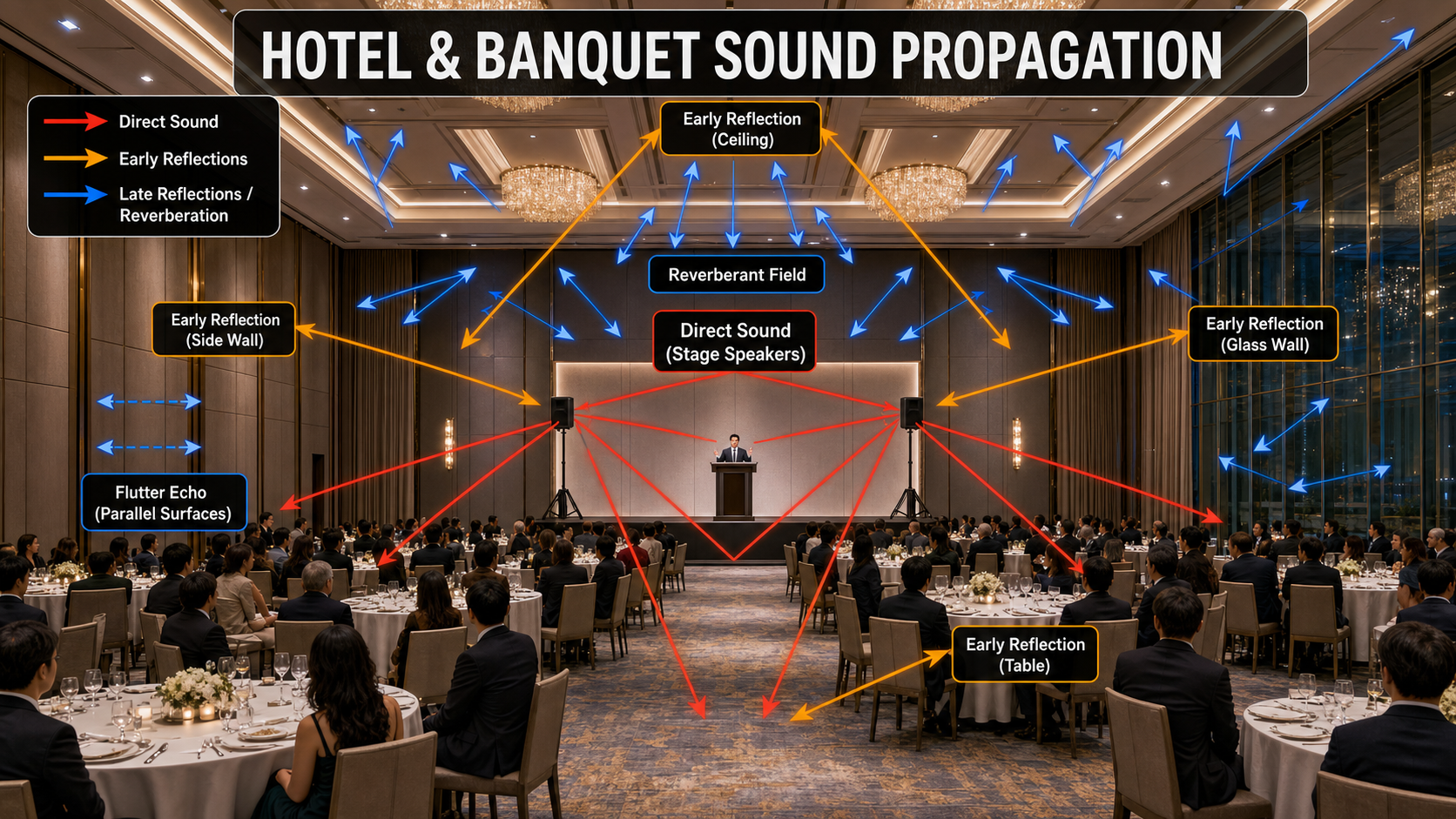 Hotel and banquet sound propagation diagram showing direct sound, early reflections and reverberation zones