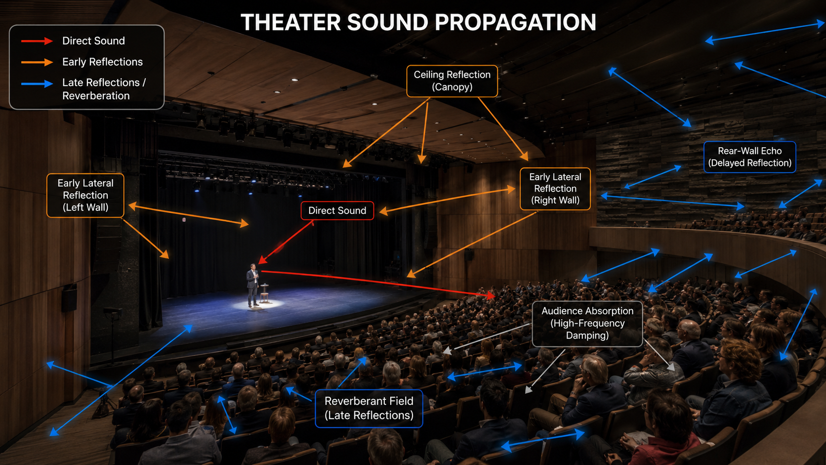 Theater sound propagation diagram showing direct sound, early reflections and reverberation zones
