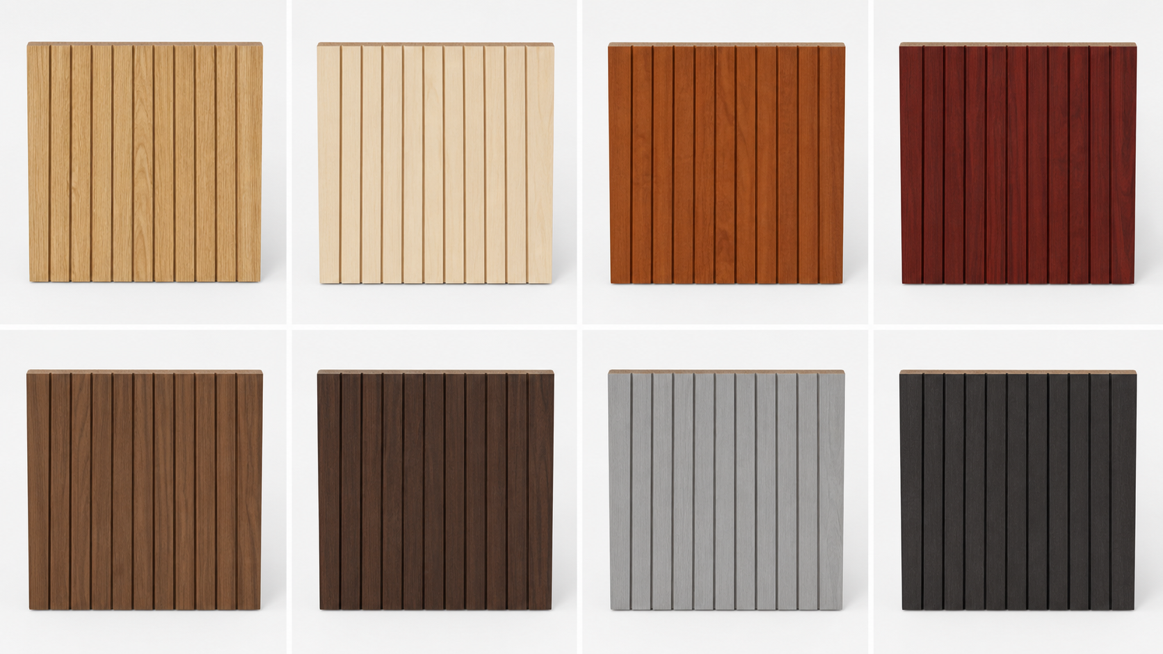 Eight colour-direction studies for continuous grooved wood acoustic panels