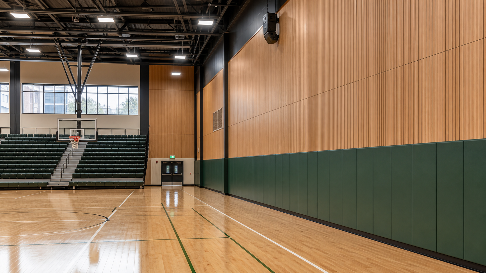 Indoor sports arena with grooved wood acoustic panels above impact protection