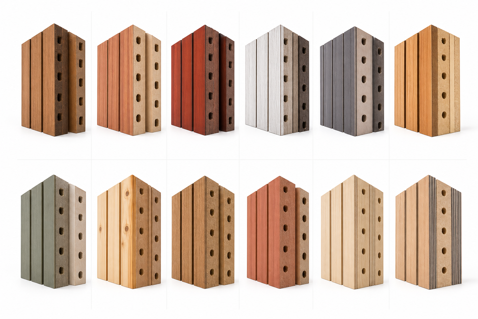Twelve visual studies of grooved wood acoustic panel substrate directions