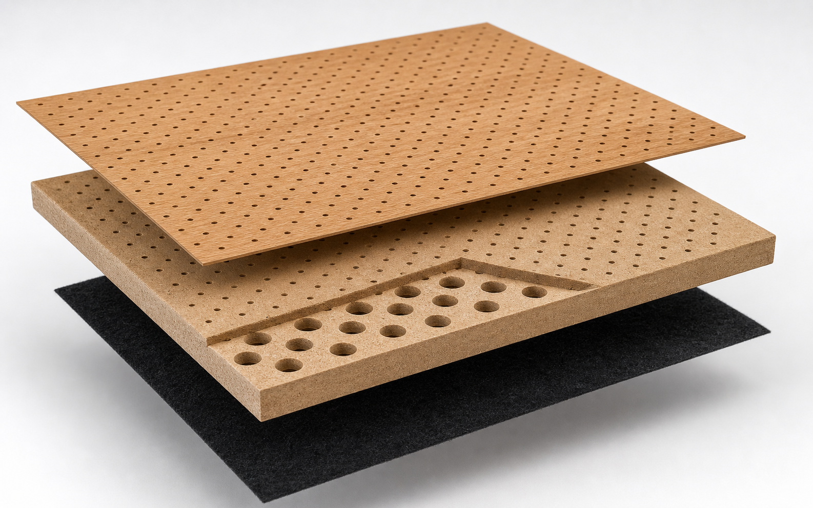 Large exploded view of perforated wood panel finish, dense base core and thin black rear acoustic tissue
