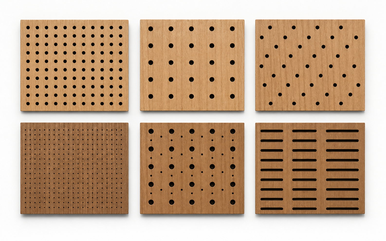 Six photographic perforation pattern samples including regular, staggered, microperforated, mixed-hole and elongated-slot types
