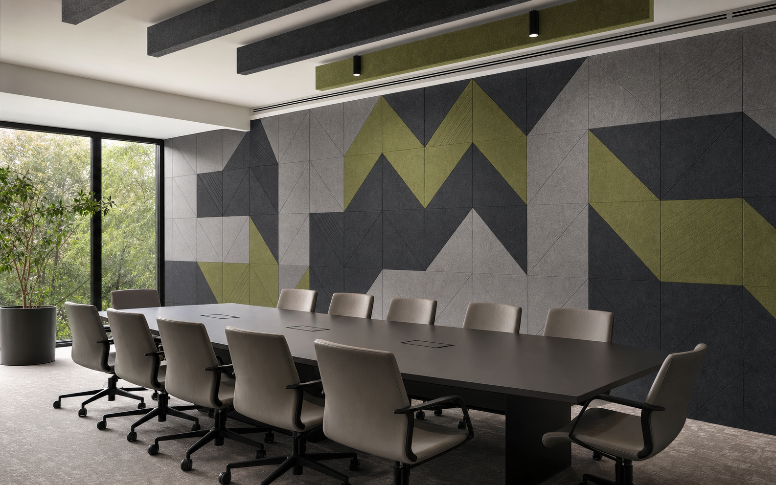 Executive boardroom with engraved grey green and charcoal polyester acoustic panels