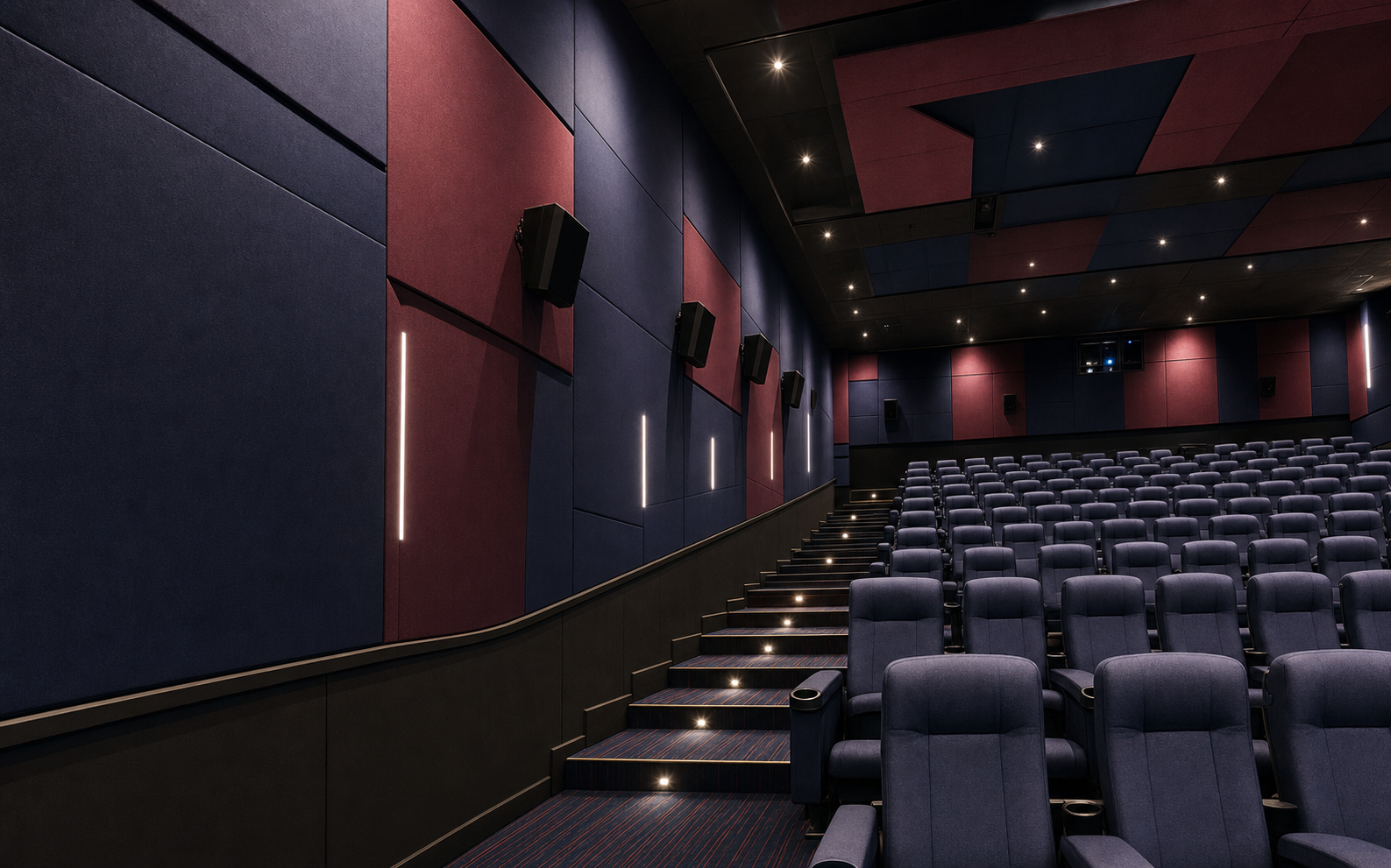 Cinema auditorium with burgundy and navy polyester acoustic panels
