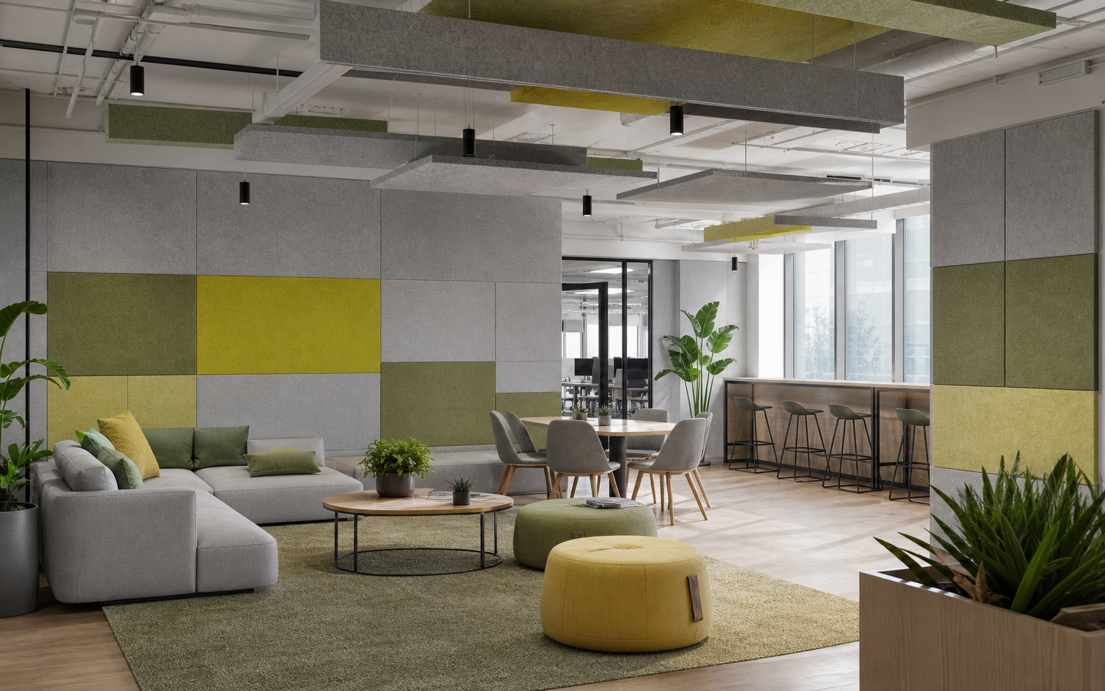 Modern office lounge with green grey and yellow polyester acoustic panels and ceiling baffles