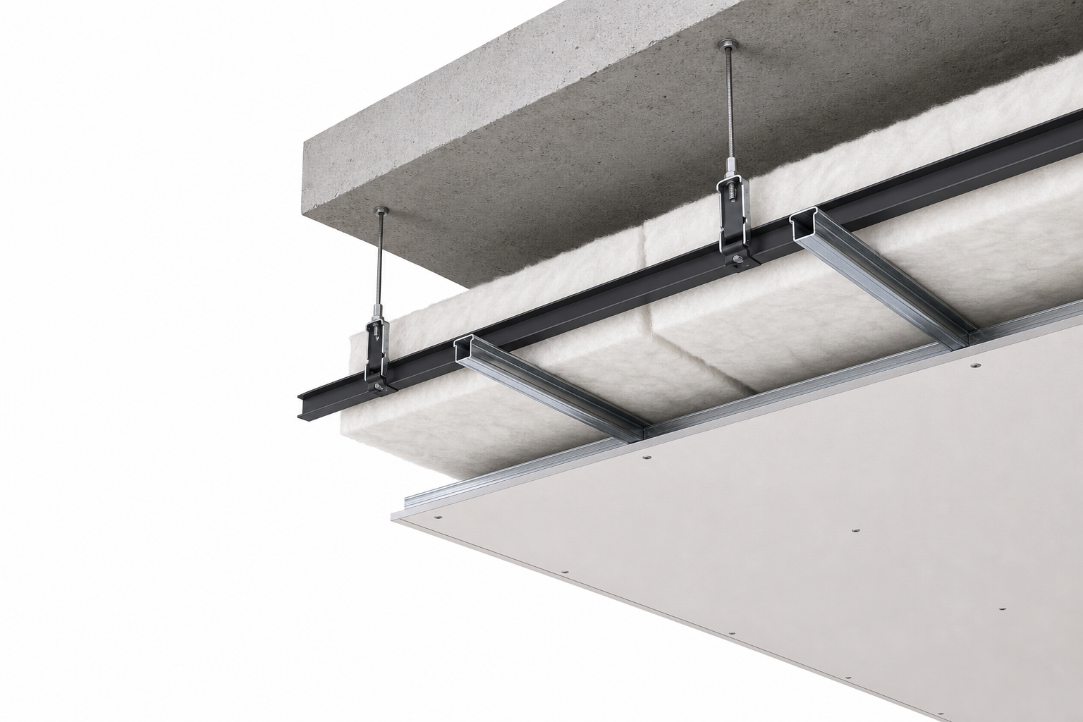 Typical suspended ceiling assembly with polyester fibre acoustic insulation