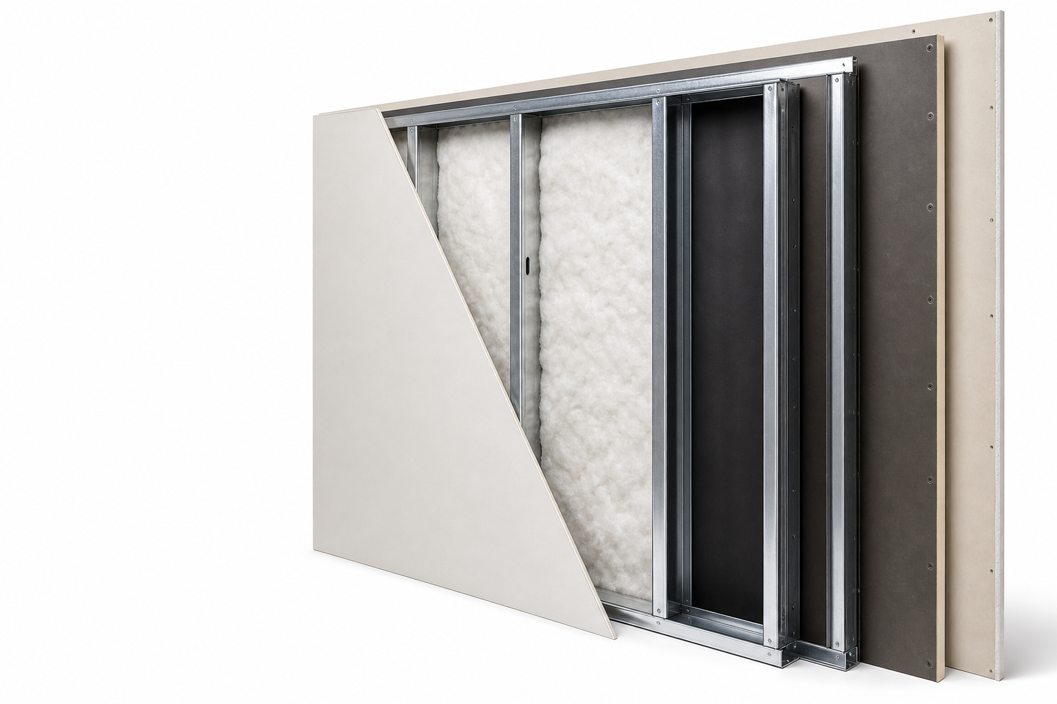 Typical wall assembly cutaway with polyester fibre acoustic insulation