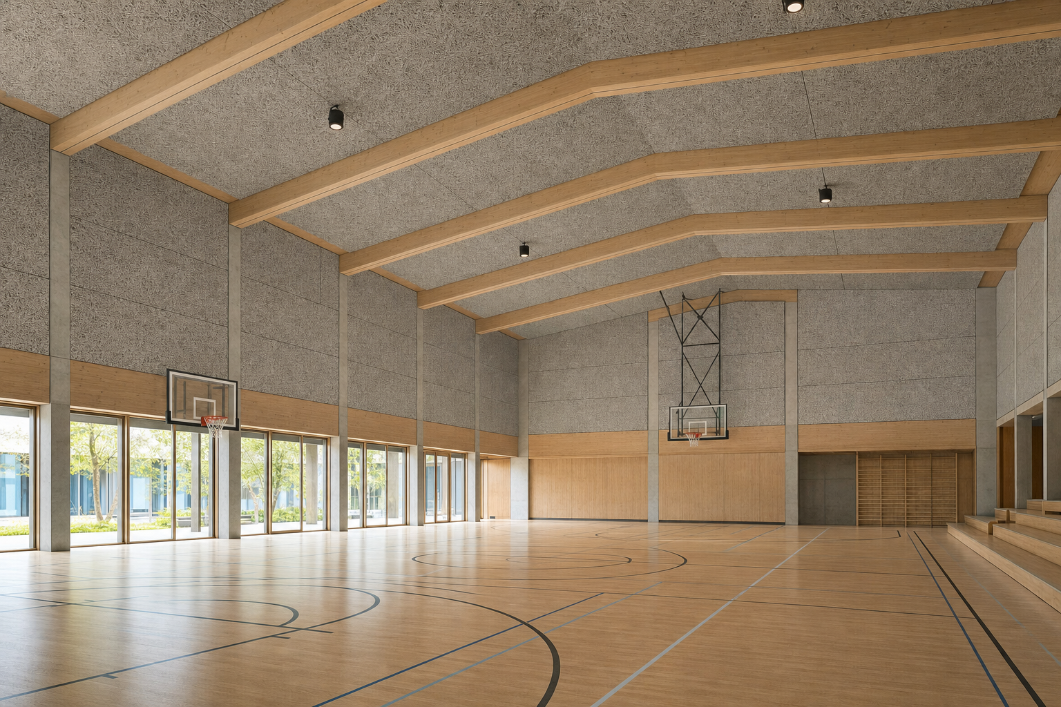 Indoor sports hall with coloured wood wool acoustic wall panels