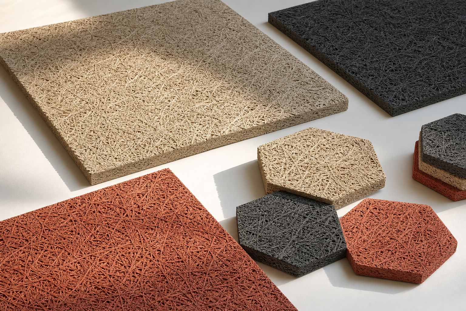 Close view of natural and coloured cement-bonded wood wool acoustic panels