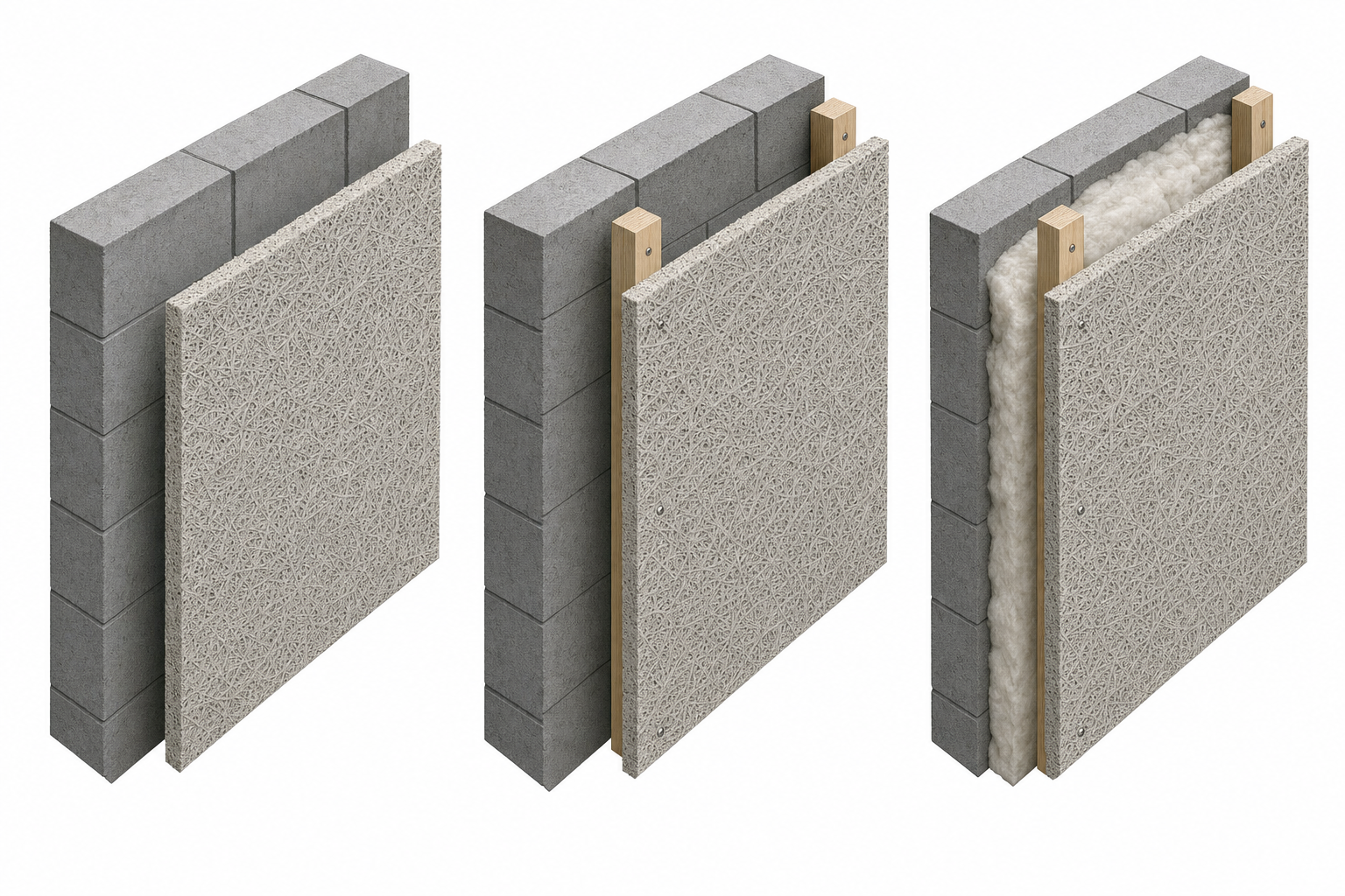 Isometric installation diagram showing direct fixed battened cavity and acoustic infill wood wool panel systems