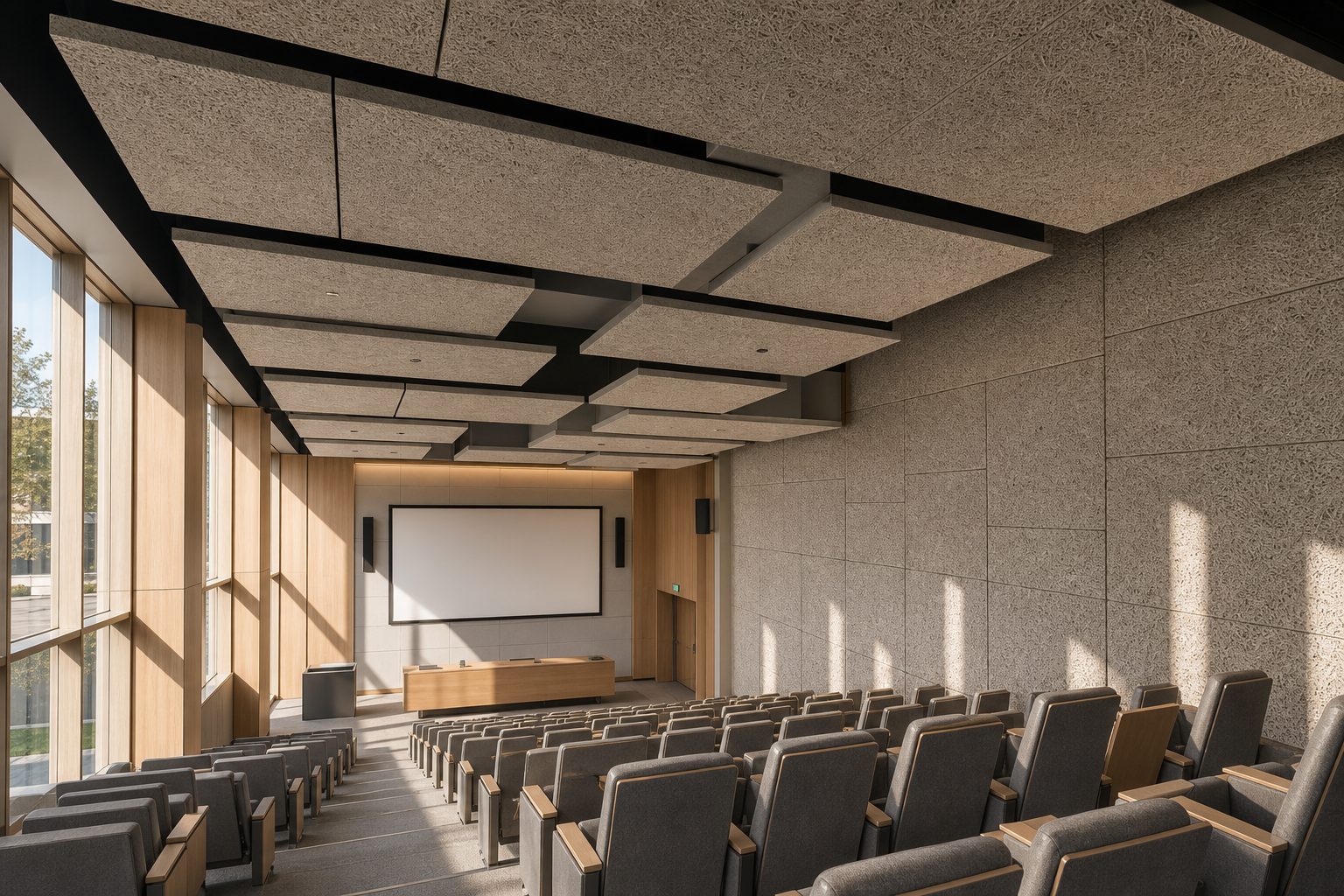 University lecture hall with ochre wood wool acoustic wall panels