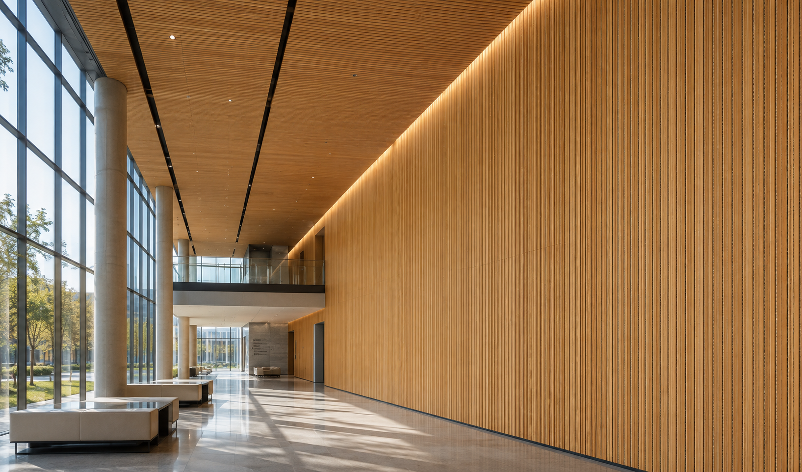 Bamboo wood fiber acoustic panels forming long linear wall and ceiling surfaces