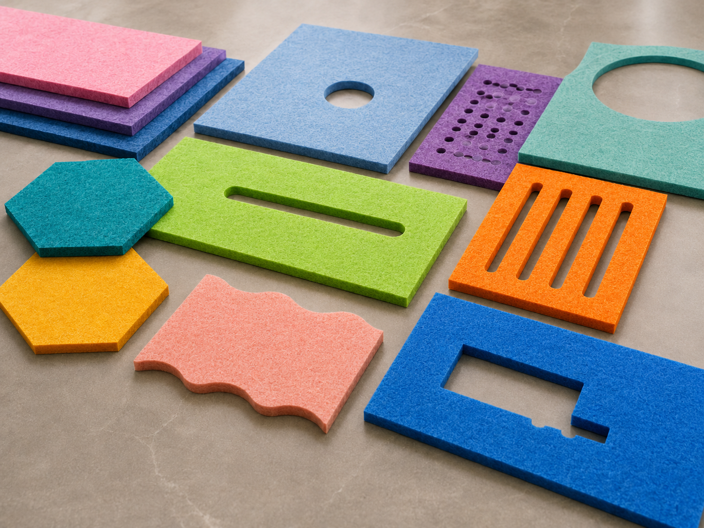 PET acoustic panel samples showing CNC-cut flat outlines, openings and slots