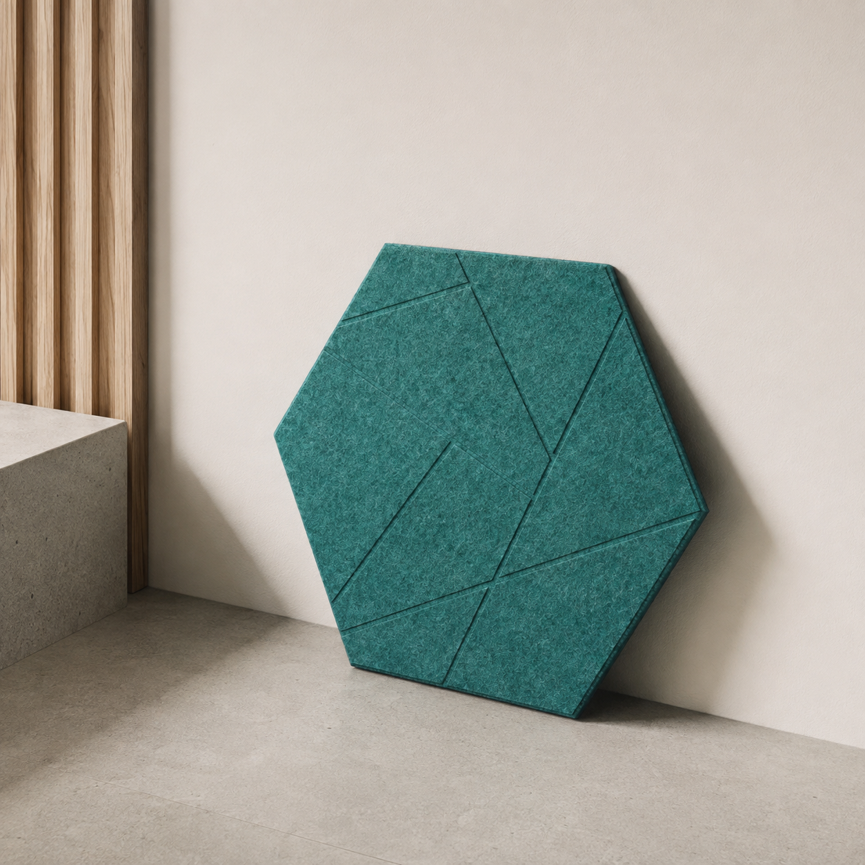 Flat PET acoustic panel in a 300 × 300 mm hexagon-tile format.