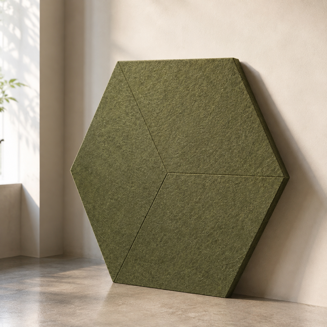 Flat PET acoustic panel in a 600 × 600 mm hexagon-panel format.