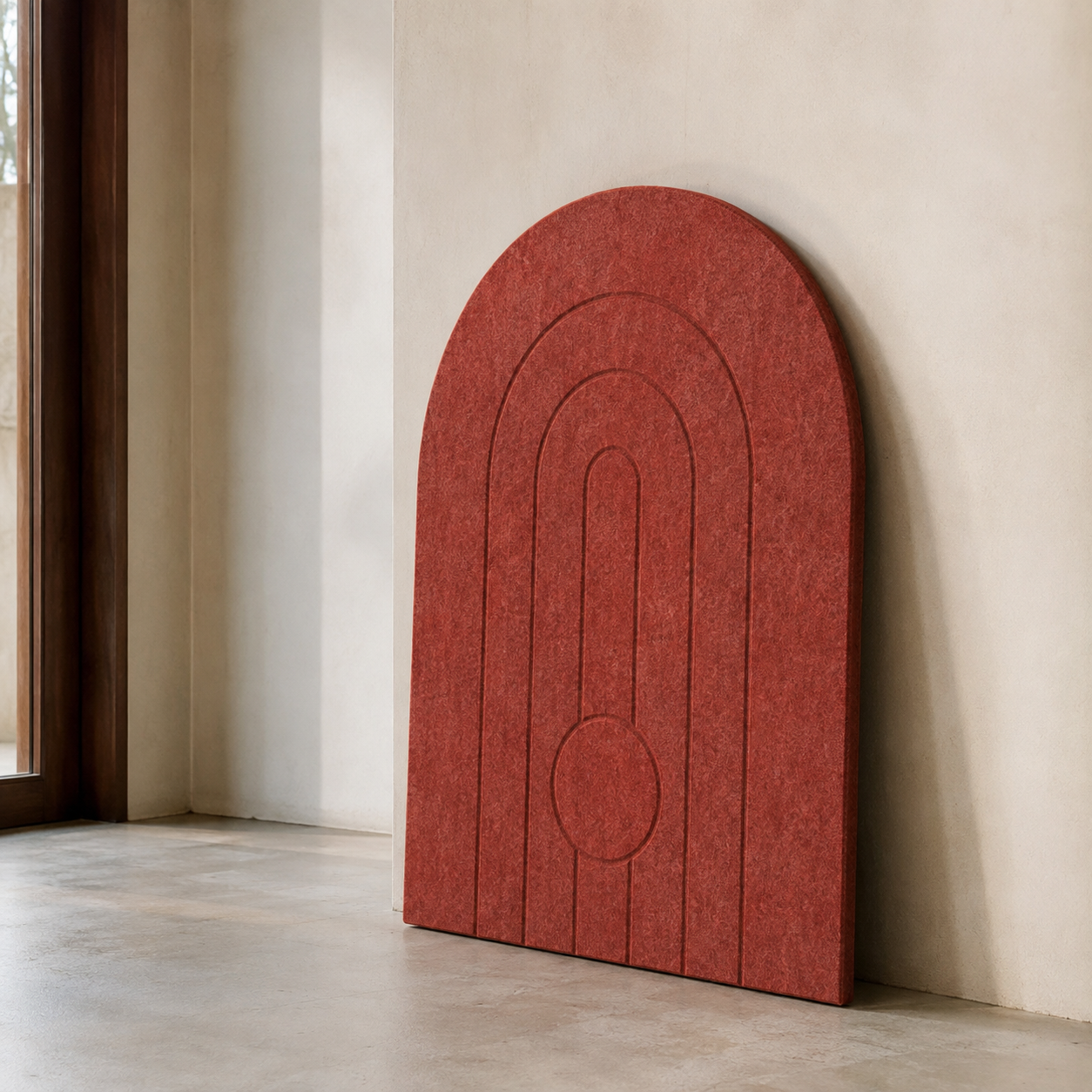 Flat PET acoustic panel in a project-defined arch-top shape.