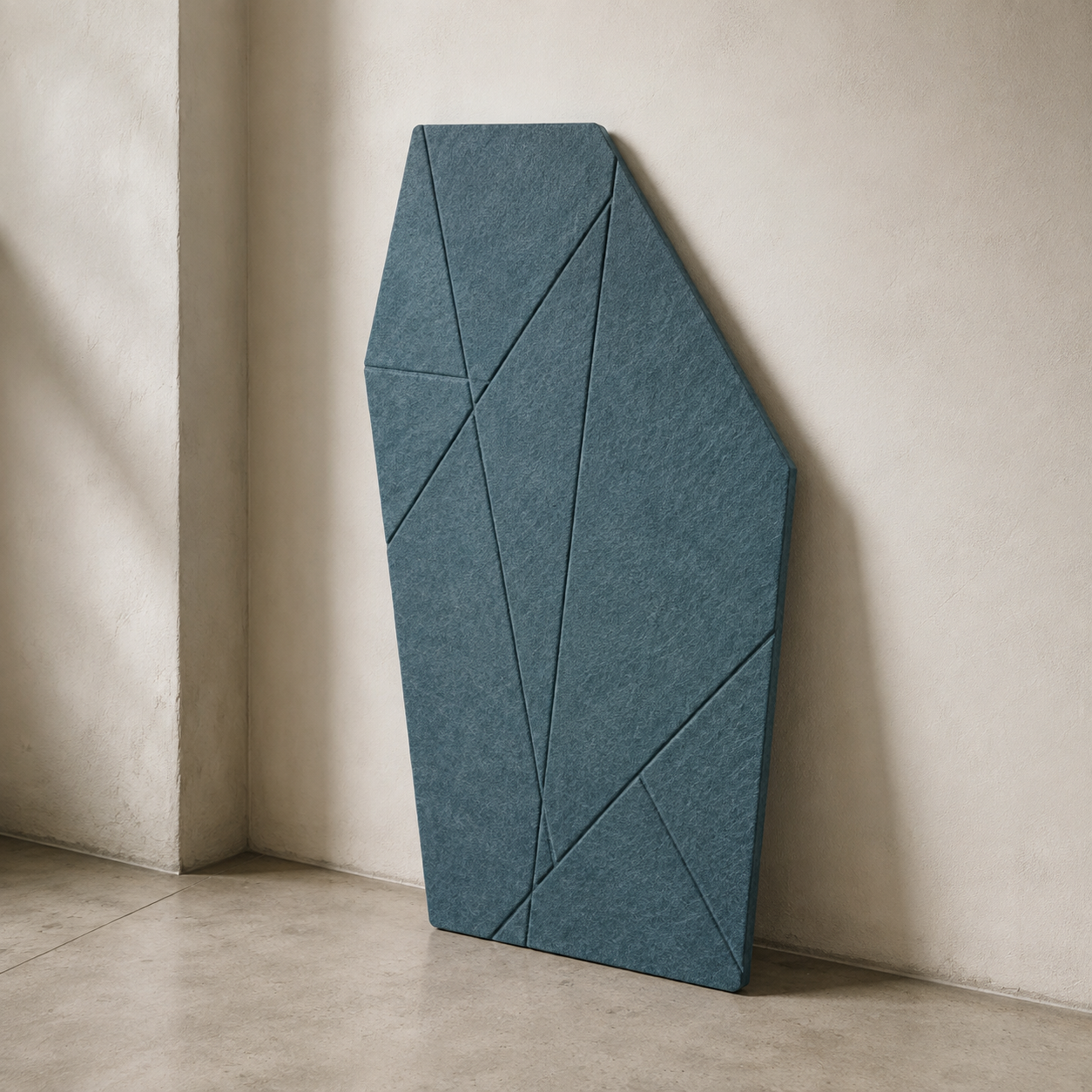 Flat PET acoustic panel in a project-defined polygon shape.