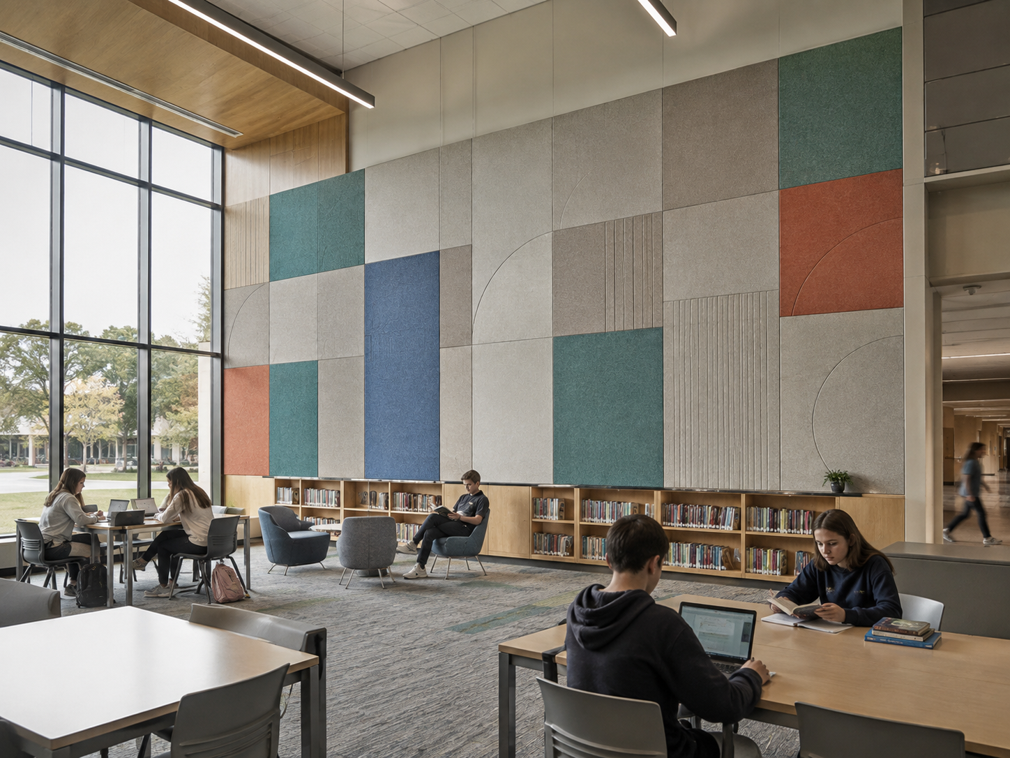 PET acoustic panels arranged in a flat color, module and line pattern composition