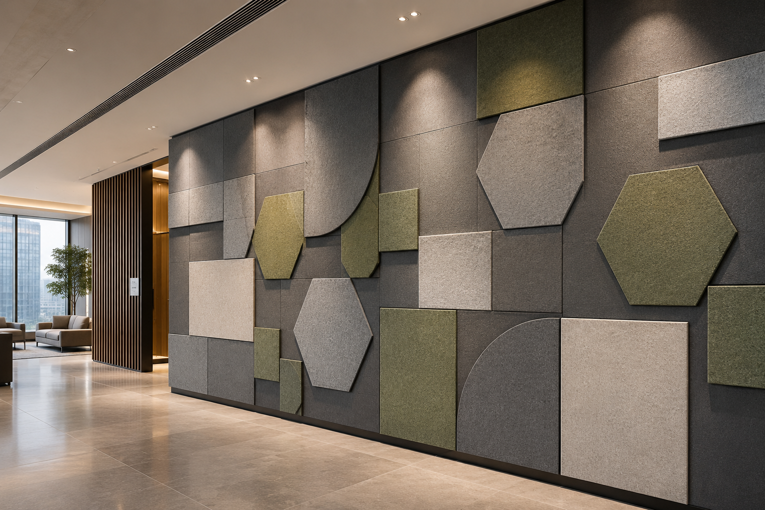 PET acoustic panels arranged as flat geometric shapes for a project-specific interior layout