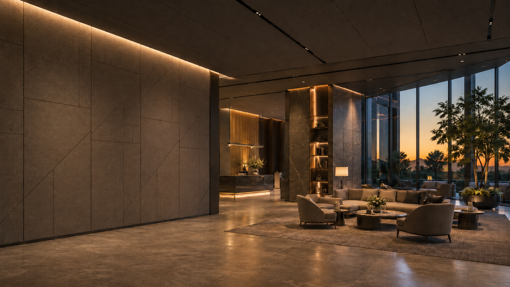 Architectural interior featuring a dark line-detailed PET acoustic wall and lounge.